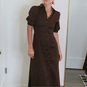 DISSH Chocolate Brown Linen Button Front Open Back Midi Dress Fits XS-S